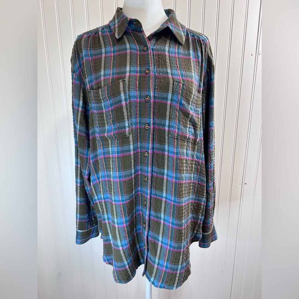 Antropologie Pilcro  Women Olive Plaid Shirt with Blue  Stripes Size S.
